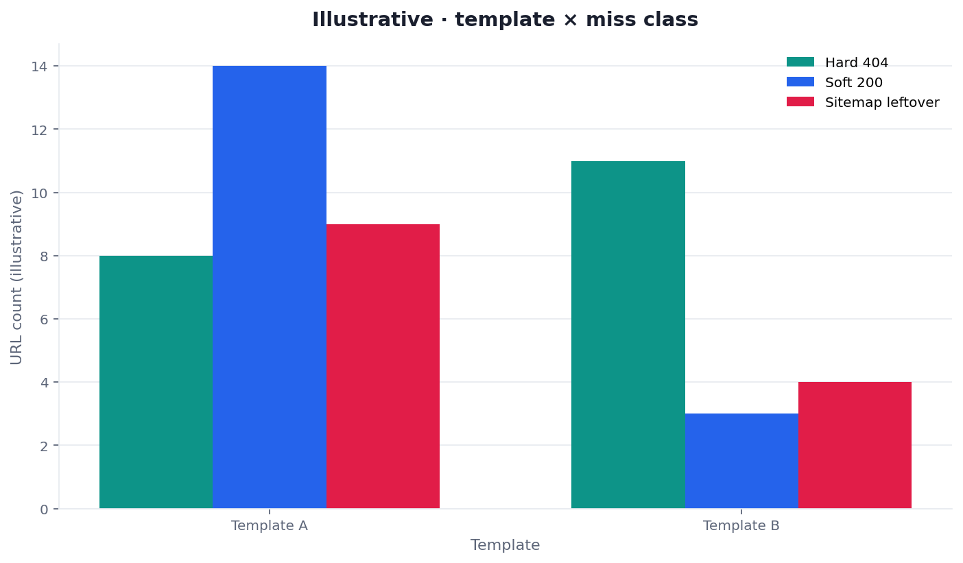 Illustrative two-dimension chart: hard 404, soft 200, and sitemap leftover counts on two templates
