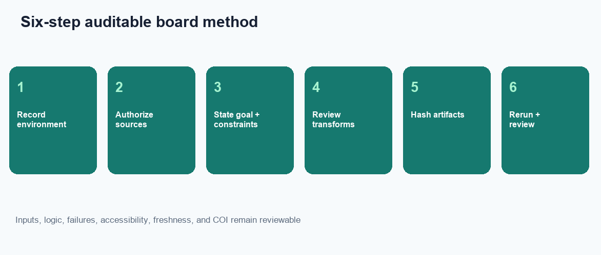 Record environment, authorize sources, state goal, review transformations, hash artifacts, and rerun with reviewer protocol