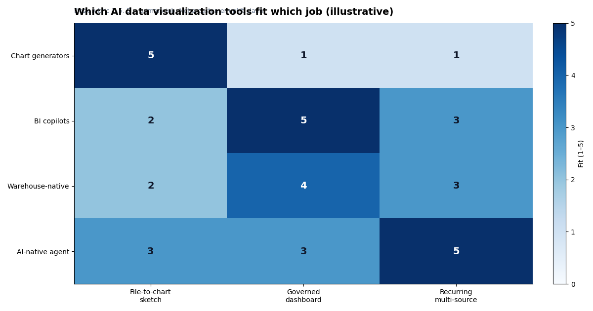 Fit of AI data visualization tools by category and job — file sketch, governed dashboard, recurring multi-source