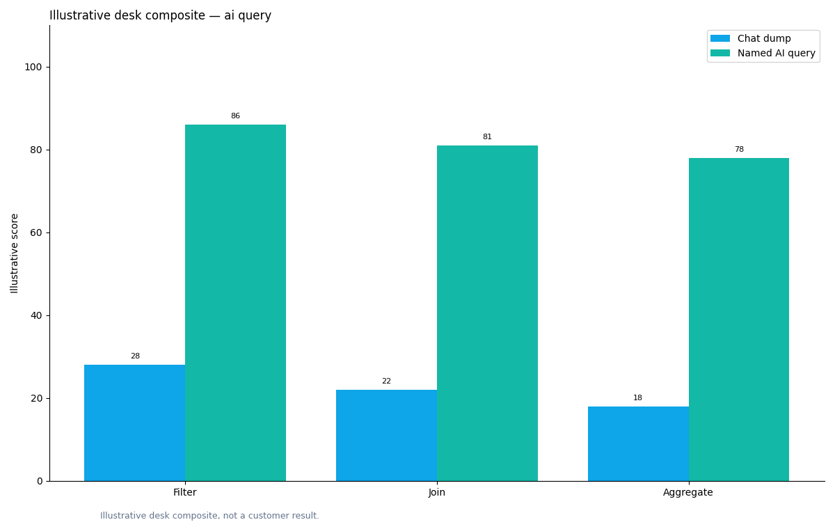 Illustrative grouped chart: grouped bars: query type (filter/join/aggregate) × replayable share chat dump vs named AI query
