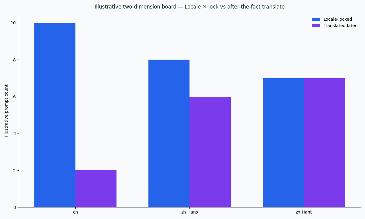 Illustrative two-dimension chart of en, zh-Hans, and zh-Hant outcomes for locale-locked prompts versus logs translated later