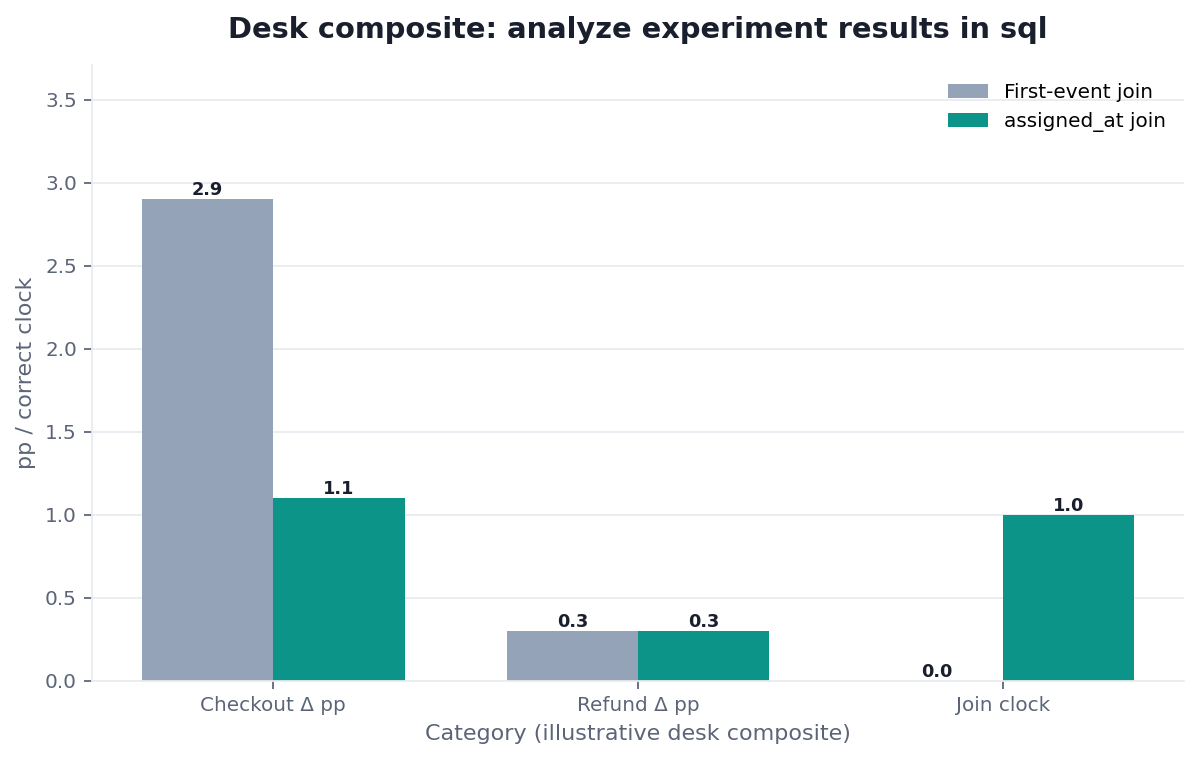 Grouped bar chart: Checkout Δ pp, Refund Δ pp, Join clock × First-event join vs assigned_at join (desk composite from this page)