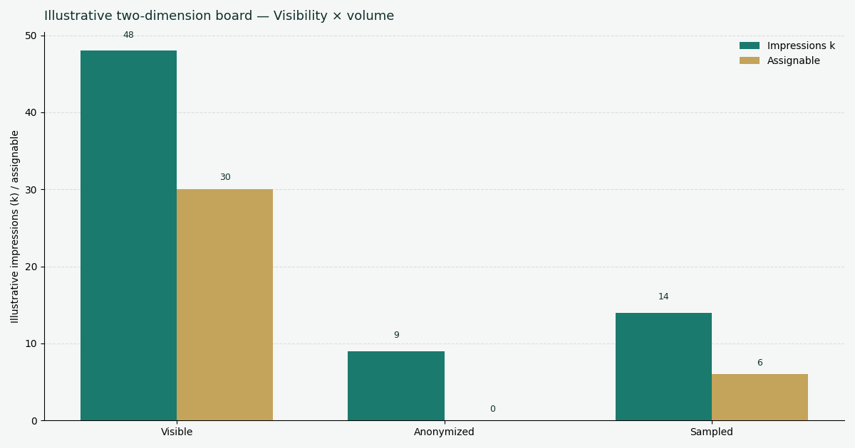 Illustrative two-dimension chart: row class versus impressions and assignable tickets