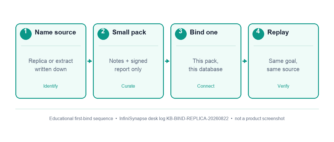 Four-step desk sequence: name the source, write a small pack, bind one database, replay the same goal (InfiniSynapse desk log KB-BIND-REPLICA-20260822)