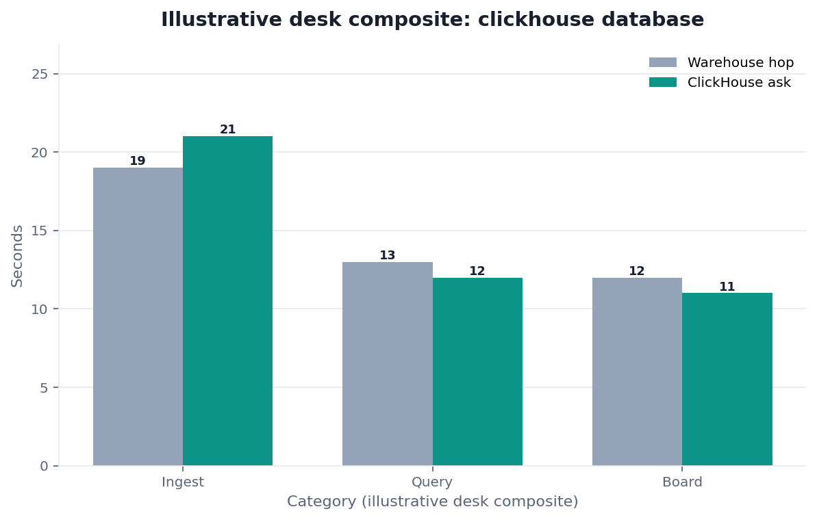 Grouped bar chart: Ingest, Query, Board × Warehouse hop vs ClickHouse ask (illustrative desk composite)
