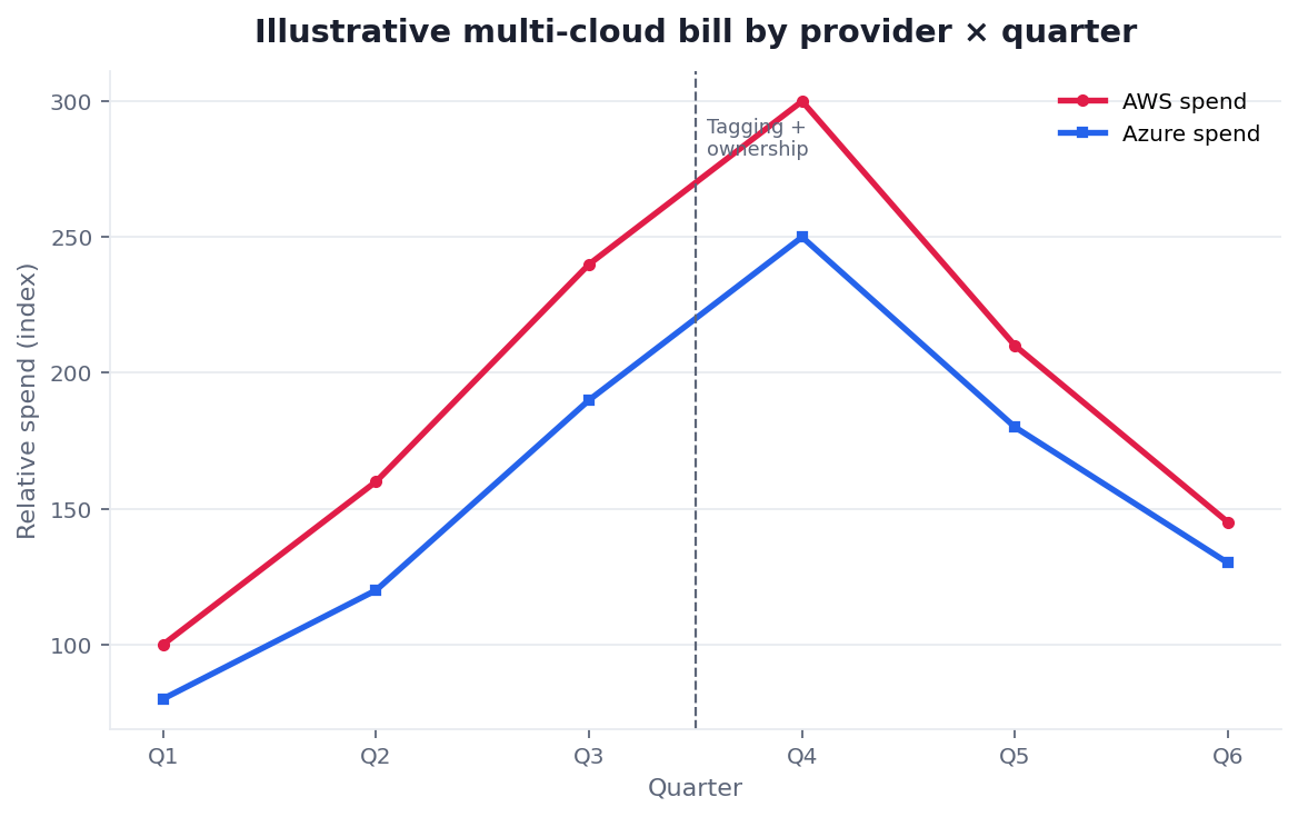 Line chart: multi-cloud bill tripling then controlled with tagging and ownership (illustrative)