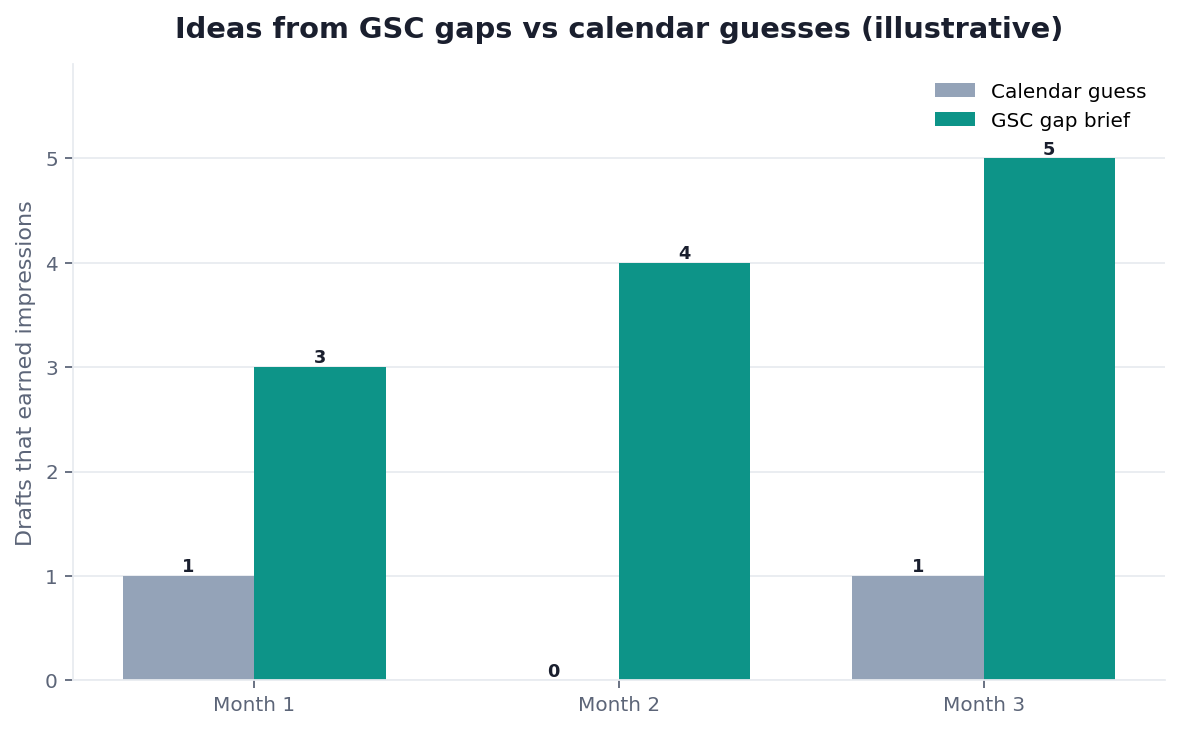 Illustrative grouped bar chart: content ideas from GSC gaps versus calendar guesses