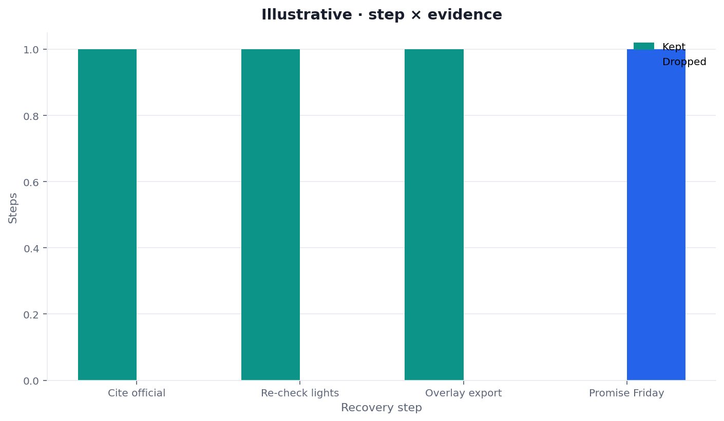 Illustrative two-dimension chart of completed process steps versus claimed calendars for a core update recovery desk sample