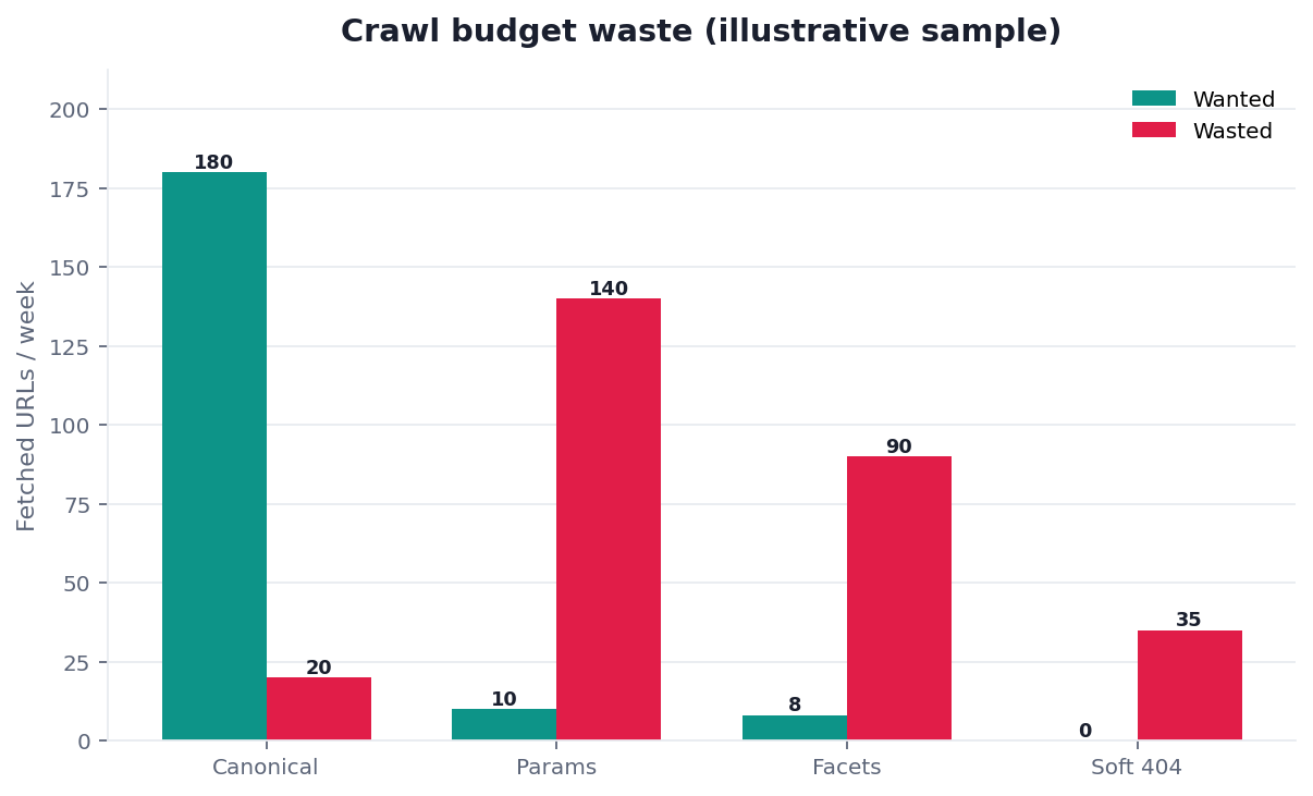 Illustrative grouped bar chart: crawl-budget waste by parameter URLs versus canonical keep URLs