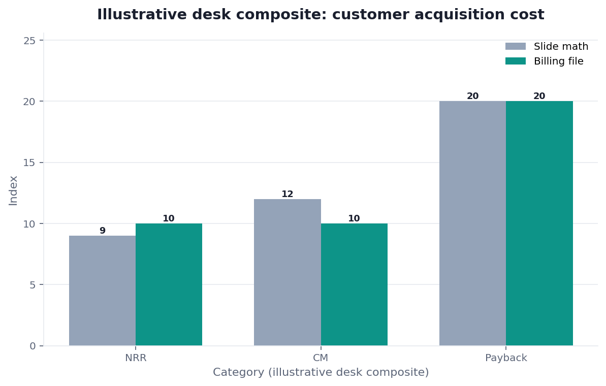 Grouped bar chart: cohort CAC vs blended CAC × coverage (illustrative desk composite)