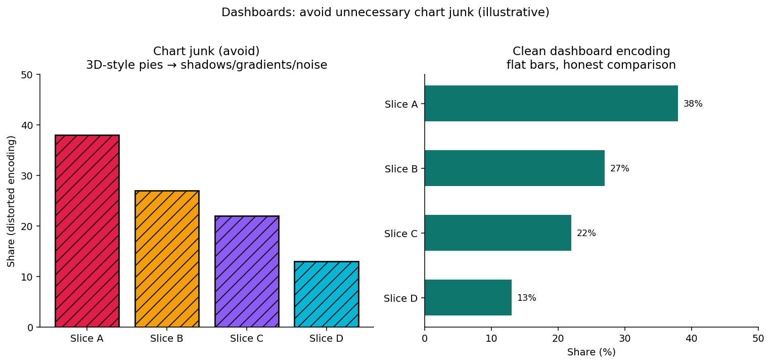 Chart junk vs clean encoding on dashboards: 3D pies and shadows vs flat bars