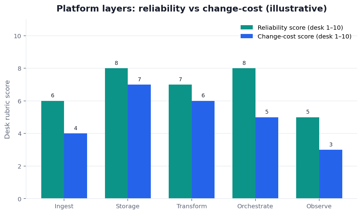 Grouped bar chart: platform layers scored on reliability vs change-cost (illustrative desk rubric)