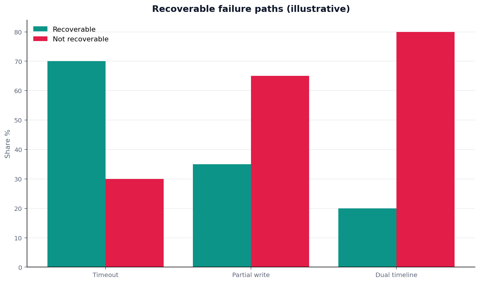 Illustrative grouped chart: grouped bars: failure (timeout/partial/dual timeline) × recoverable yes/no