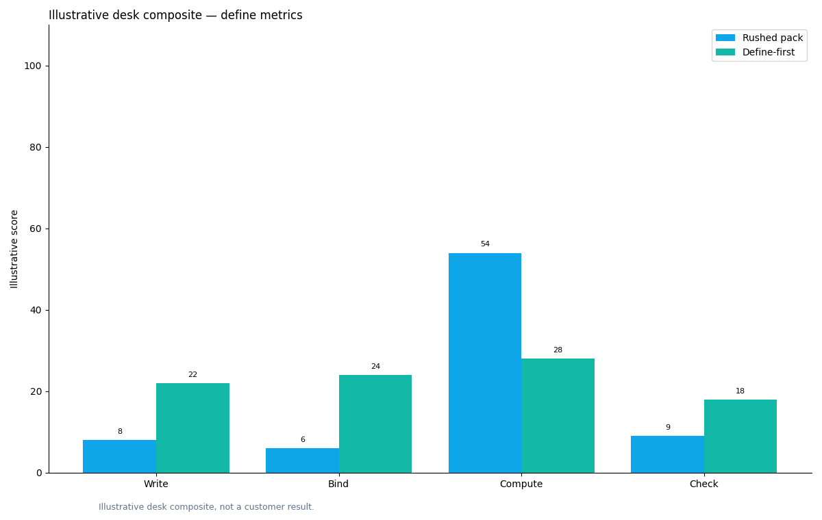Illustrative grouped chart: grouped bars: step (write/bind/compute/check) × time share rushed vs define-first packs