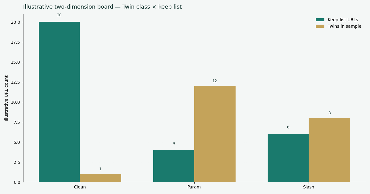 Illustrative two-dimension chart: URL shape versus keep-list URLs and twins in the sample