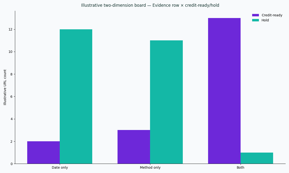 Illustrative two-dimension chart: evidence row date only, method only, or both versus credit-ready or hold
