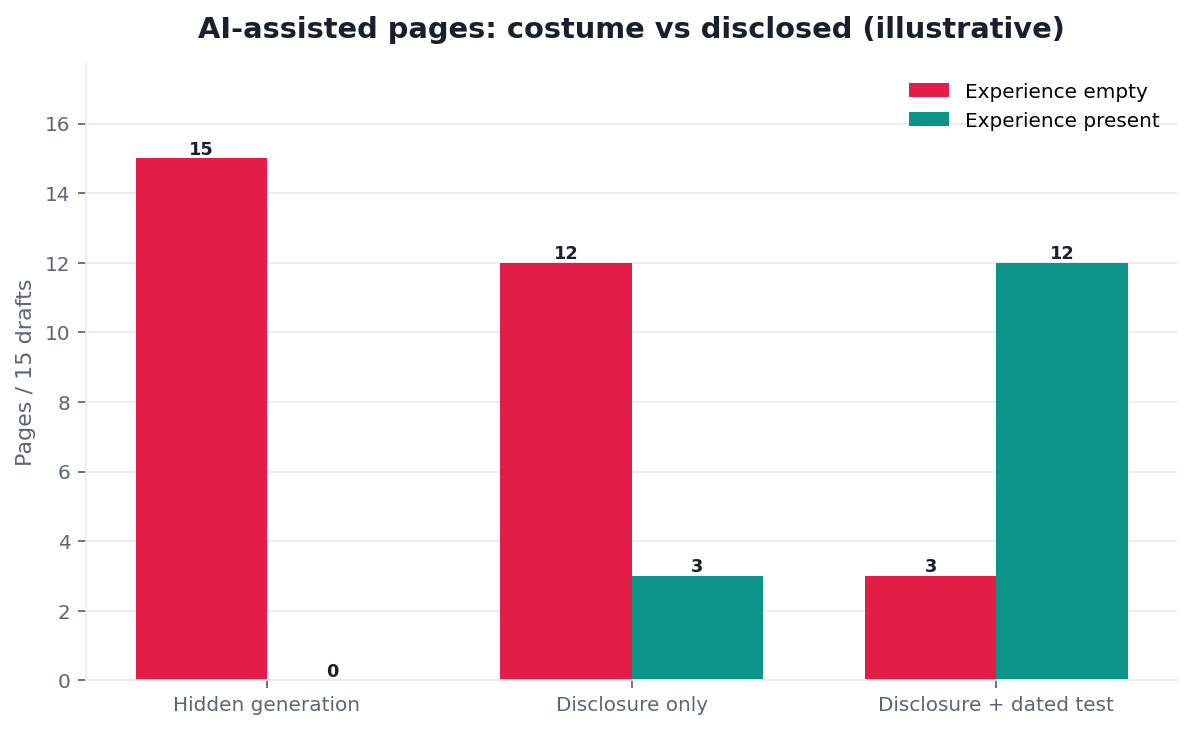 Illustrative grouped bar chart: AI-drafted pages by hidden generation versus disclosed review