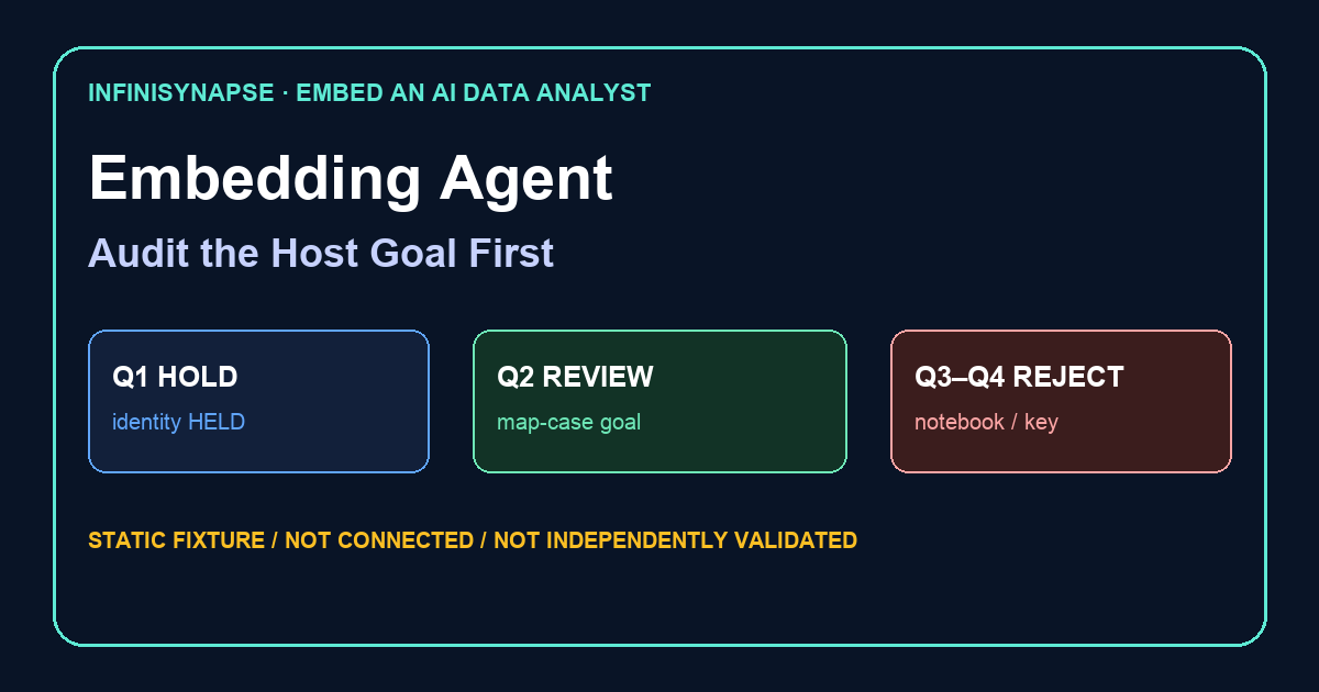 Static embedding agent review: identity held, map-case goal qualified, vector notebook and host-page key rejected