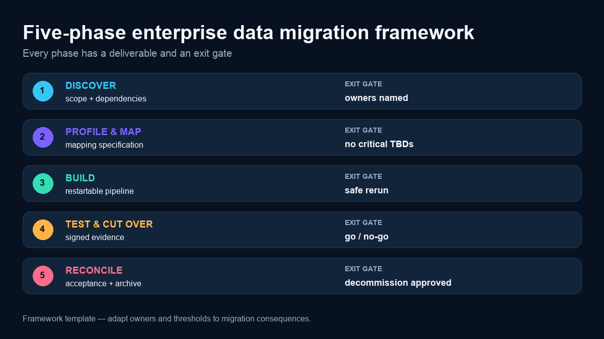 Five enterprise data migration phases with deliverables and exit gates