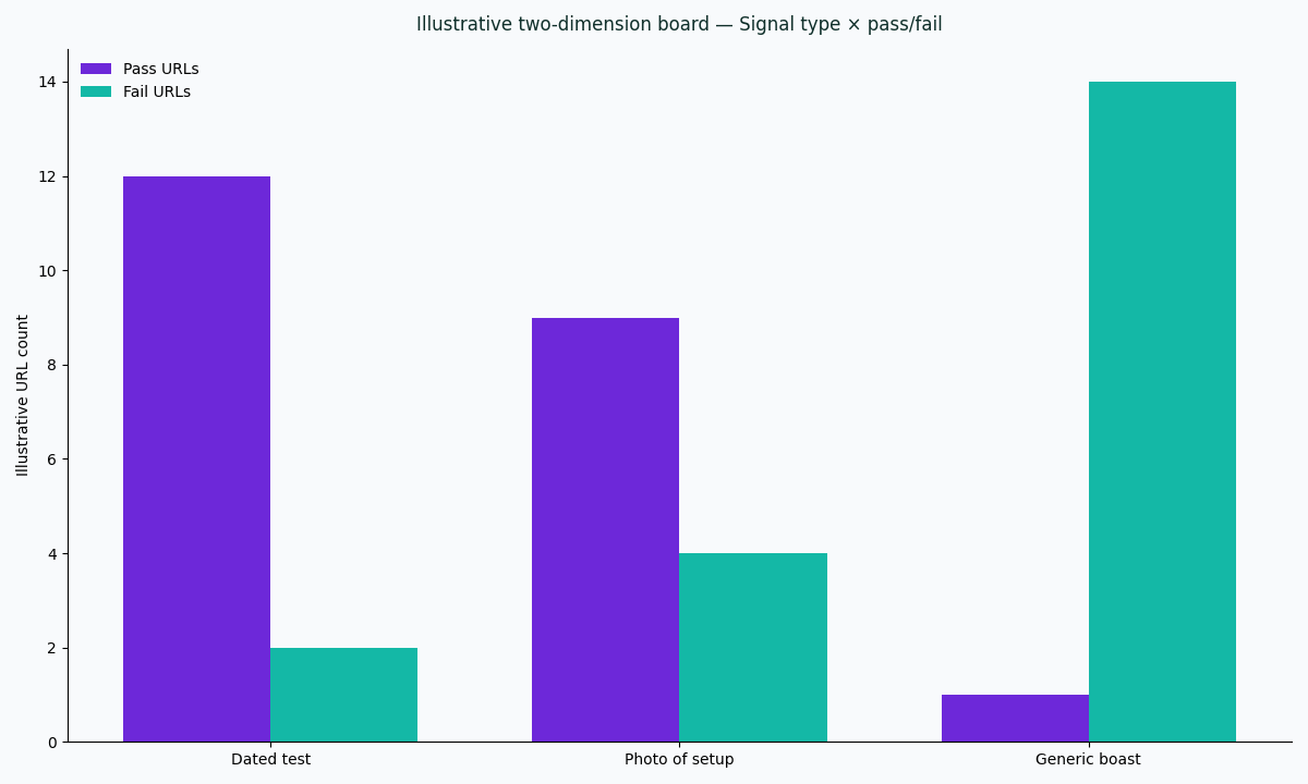 Illustrative two-dimension chart: signal type versus pass and fail on a public-URL desk