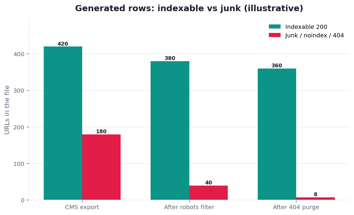 Illustrative grouped bar chart: generated sitemap rows that are indexable versus junk