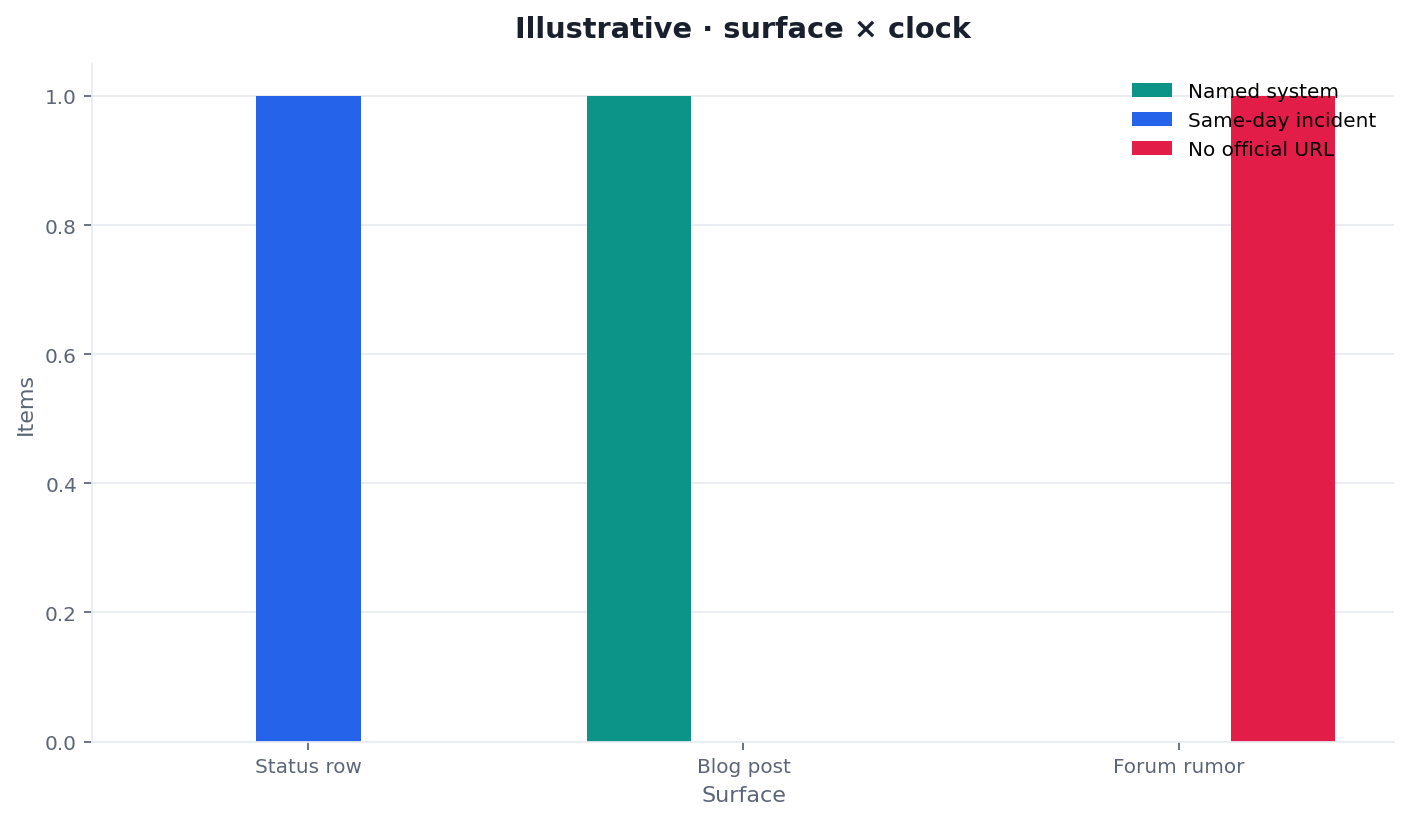 Illustrative two-dimension chart of Google Search Central blog named-system flags versus dashboard flags for a desk sample