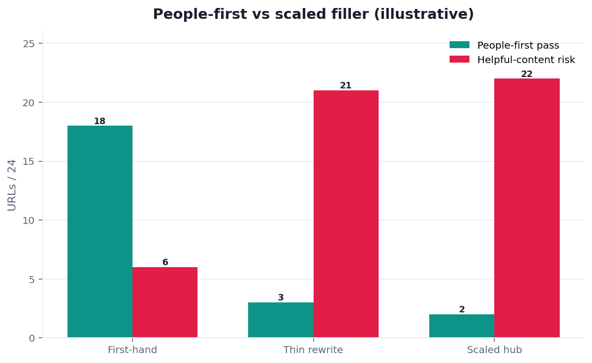 Illustrative grouped bar chart: people-first pages versus scaled outlines after a helpful-content pass