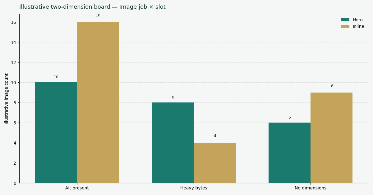 Illustrative two-dimension chart: image issue type versus hero and inline placement on a public-URL desk