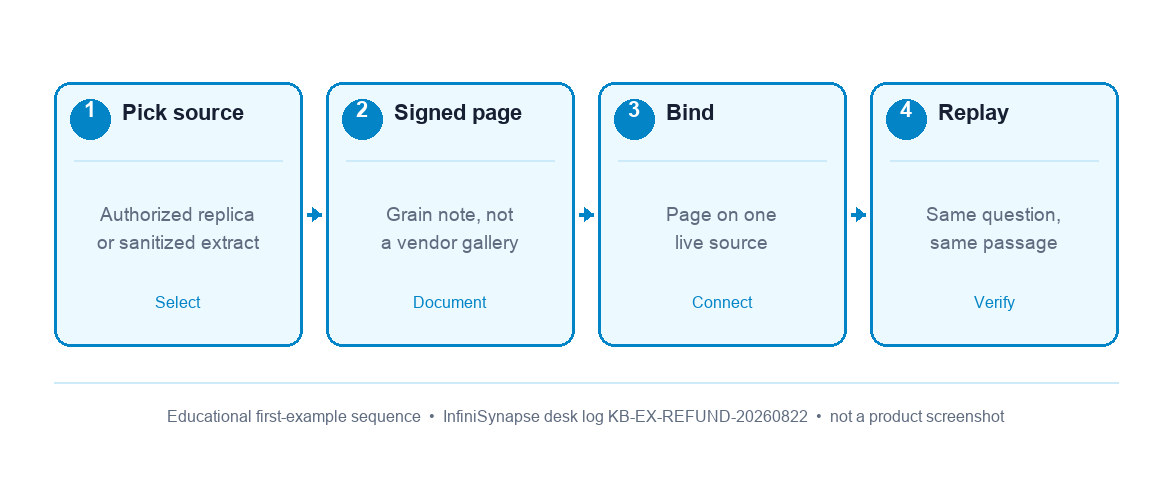 Four-step first-example sequence: pick an authorized source, write a signed grain page, bind it, then replay the same question (InfiniSynapse desk log KB-EX-REFUND-20260822)