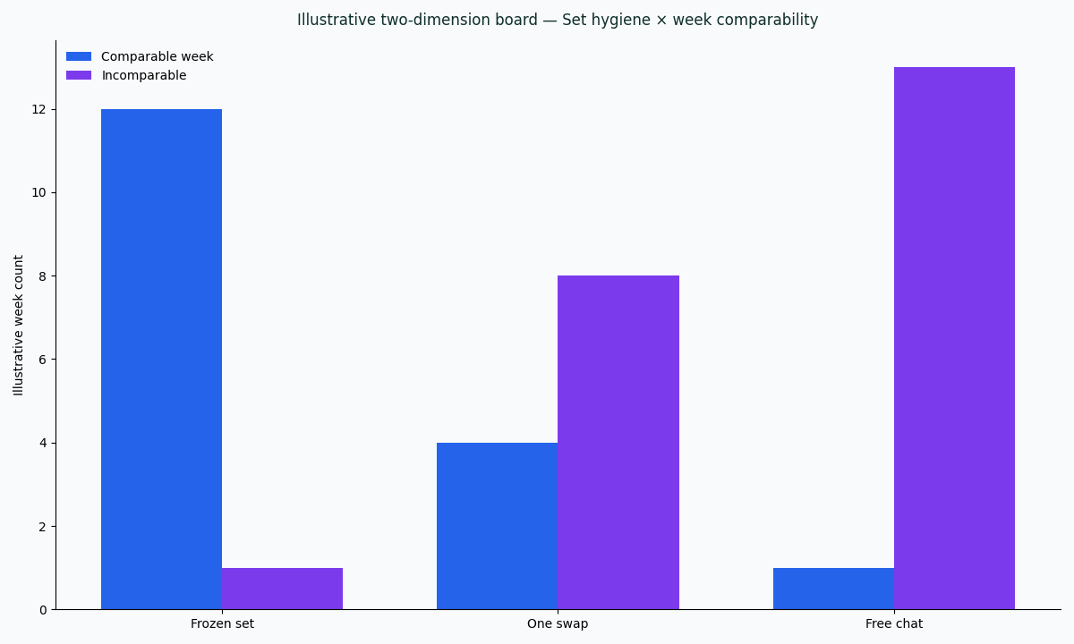 Illustrative two-dimension chart of frozen set, one swap, and free chat versus comparable and incomparable weeks