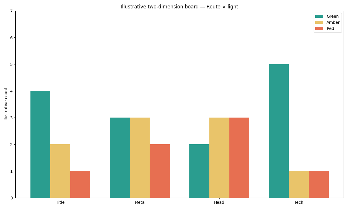 Illustrative grouped bars of eight Nuxt SEO modules by red, amber, and green lights on one shipped URL