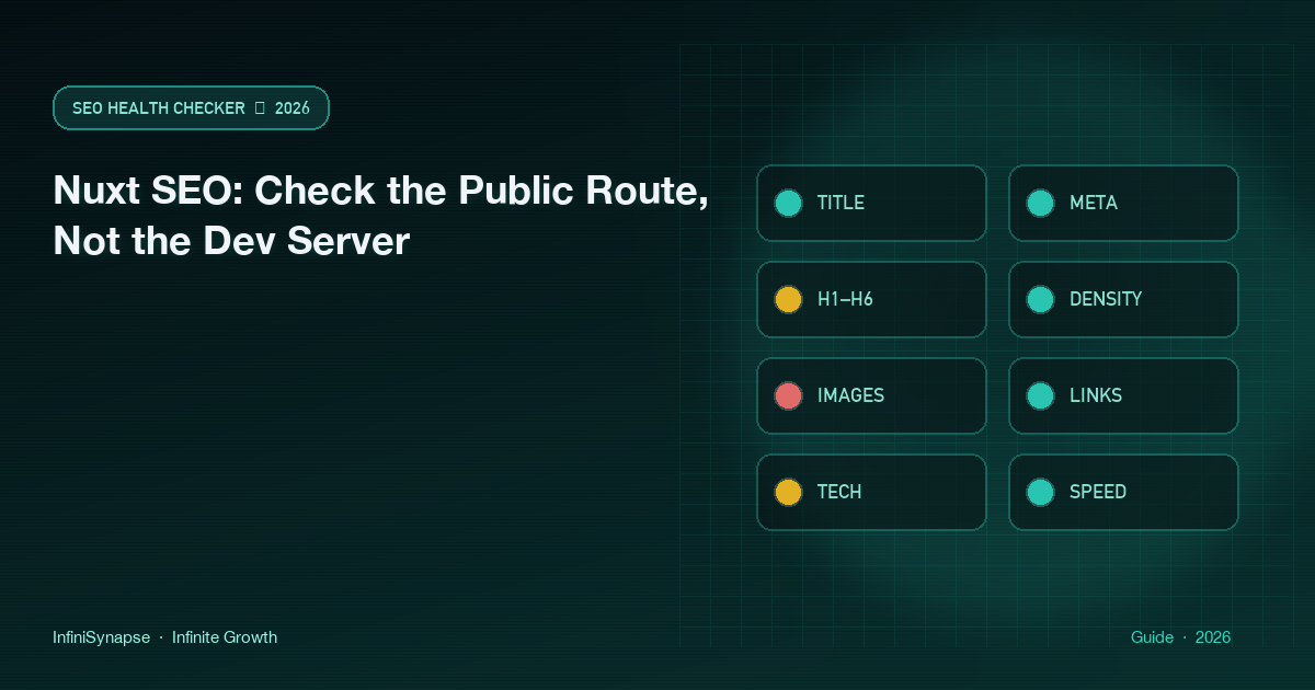 Nuxt SEO check on the shipped public route with eight traffic-light modules, not the local dev server