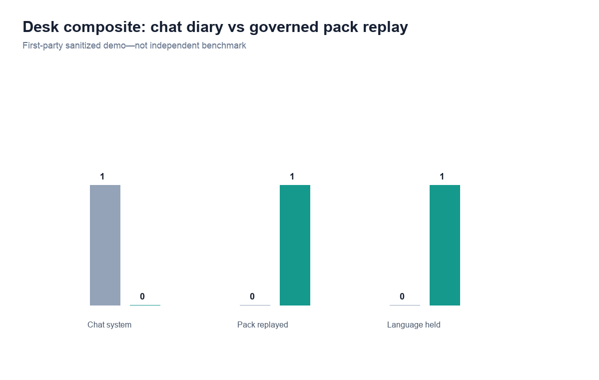 Grouped bar chart: chat as system of record, bound pack replayed, and week-2 language held × chat diary only versus bound pack accumulation (InfiniSynapse desk log OAM-HUB-20260822)
