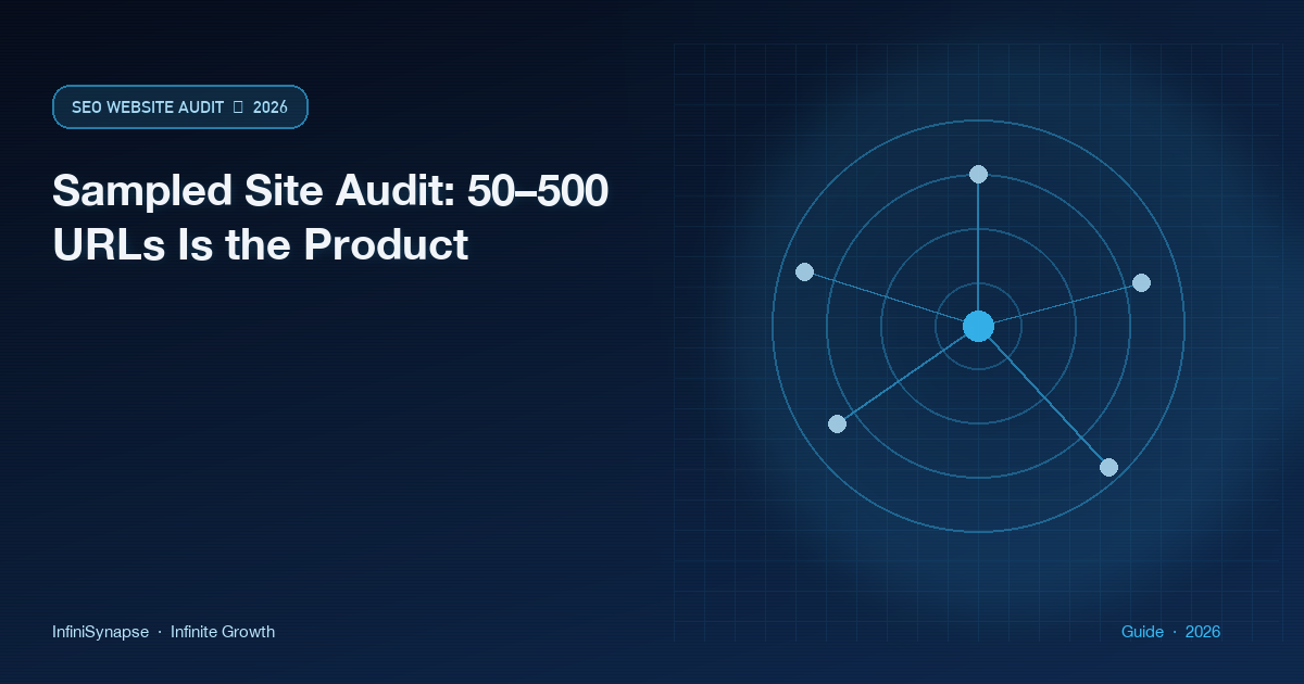 Sampled site audit naming a 50 to 500 URL sitemap cap as the product