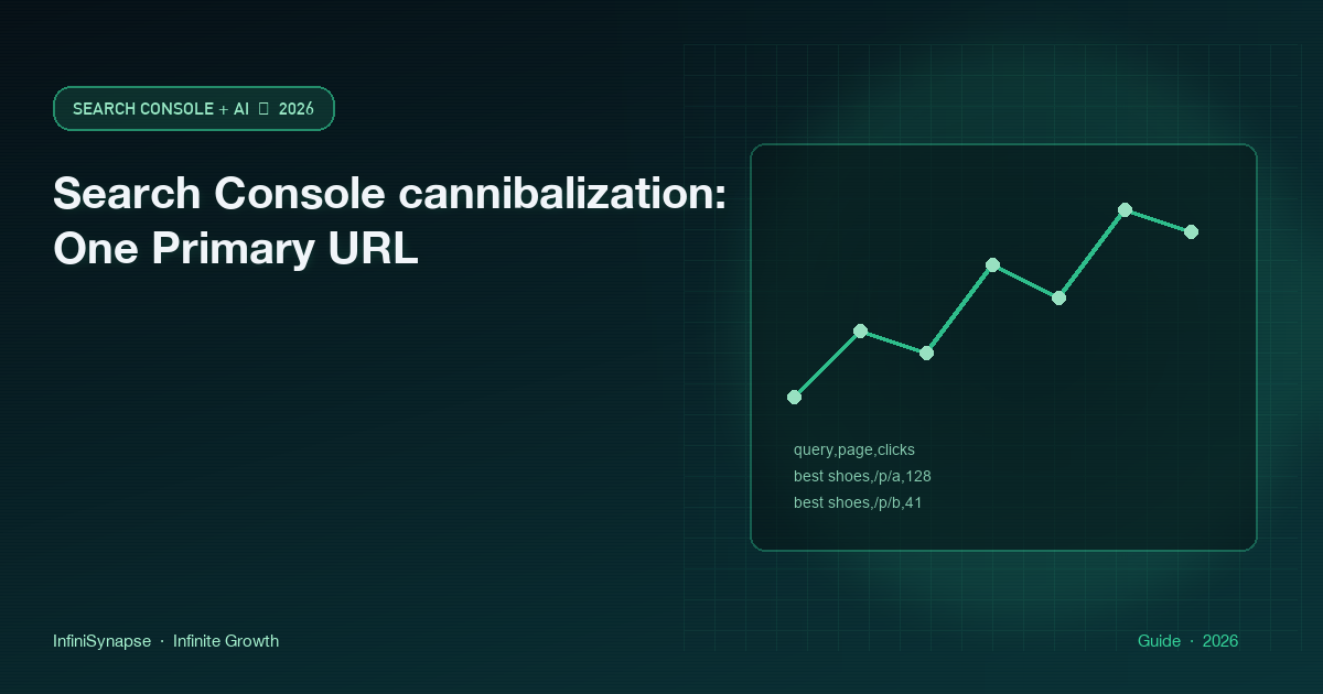 Search Console cannibalization: two URLs share one query in the export; pick one primary URL