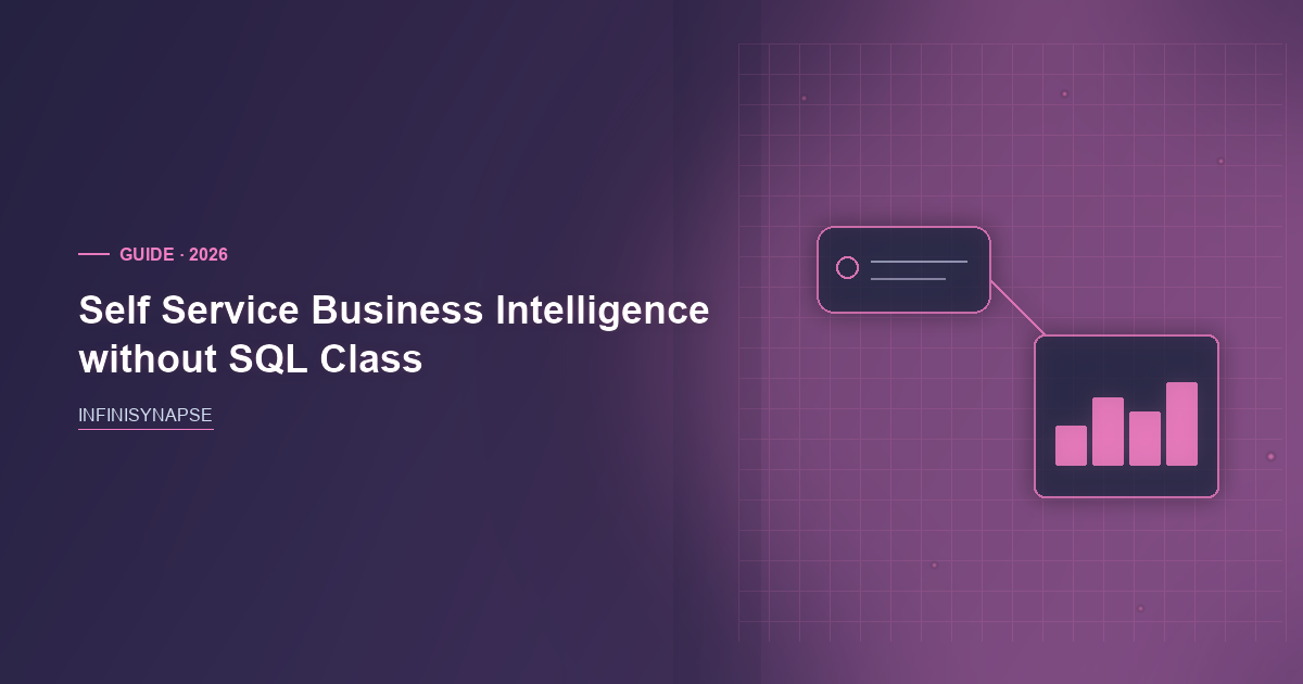 Self Service Business Intelligence: Bind, Then Replay — InfiniSynapse guide cover showing a spoken sentence connected to a number, a filter list, and a file