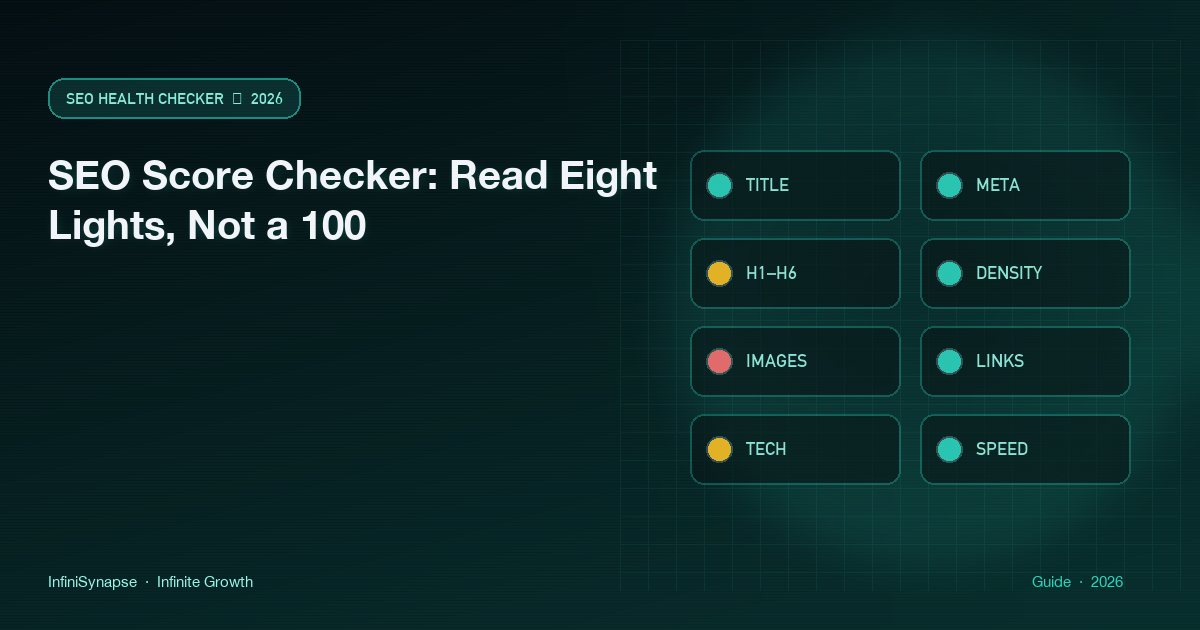 SEO score checker board showing eight traffic-light modules instead of a vanity 100