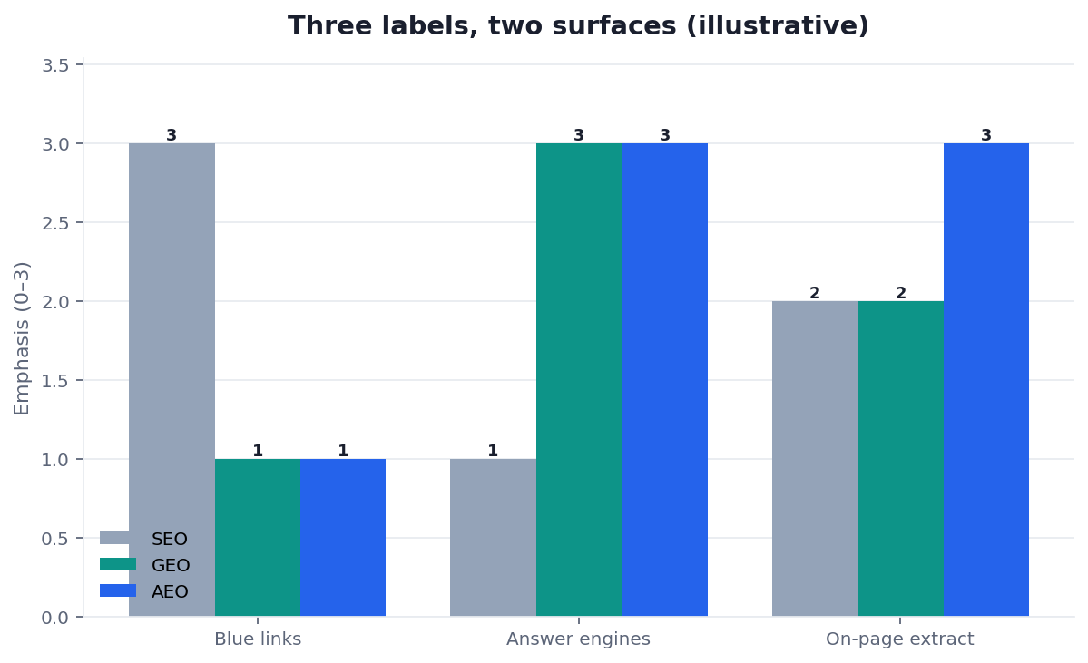 Illustrative grouped bar chart: SEO versus GEO versus AEO by surface