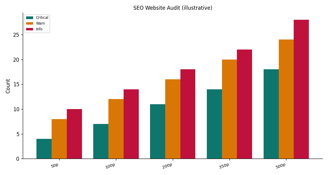 Illustrative grouped bars of SEO website audit sample sizes by 2xx, 4xx/5xx, and redirect share