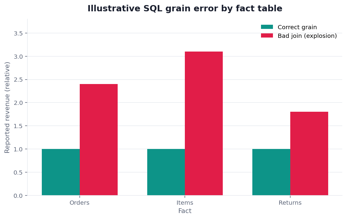 Bar chart: reported revenue with correct grain vs bad join row explosion (illustrative)