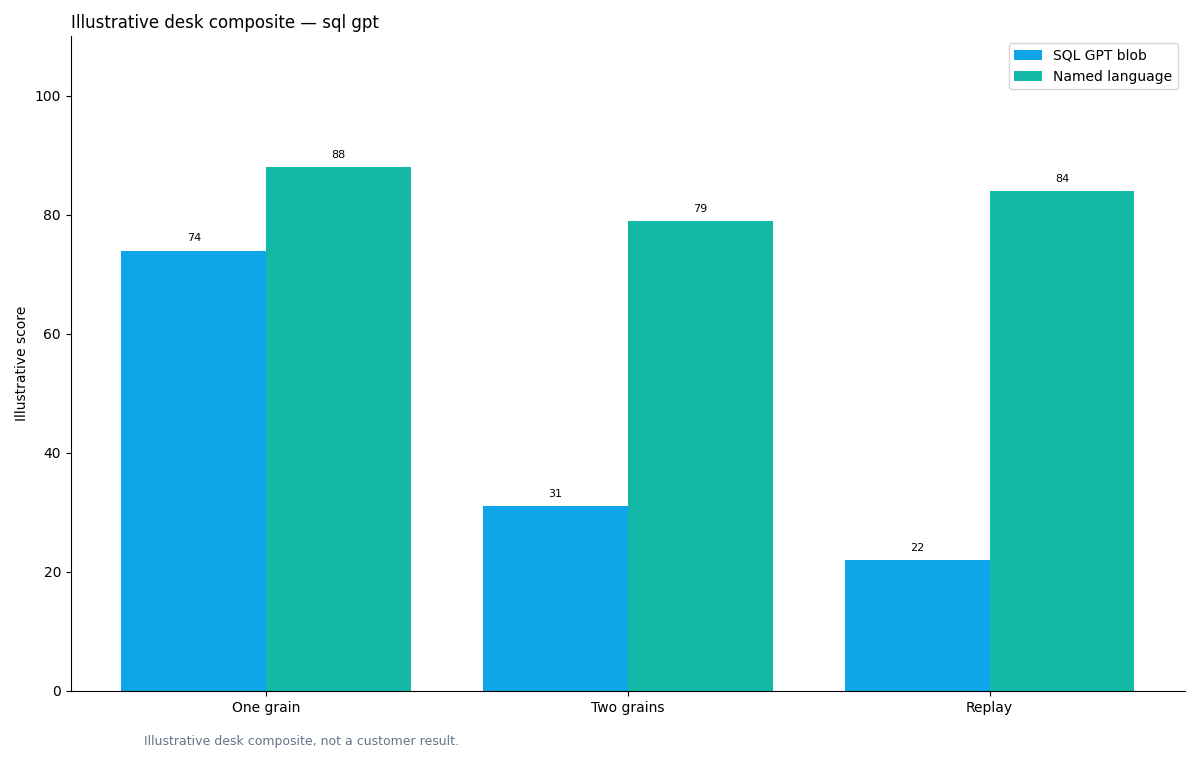 Illustrative grouped chart: grouped bars: task (one grain/two grains/replay) × success SQL GPT vs named agent language