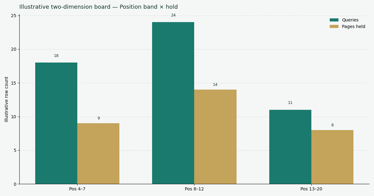 Illustrative two-dimension chart: position band versus queries and pages held