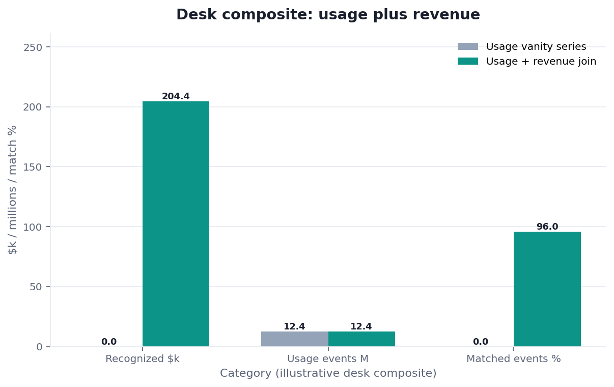 Grouped bar chart: Recognized $k, Usage events M, Matched events % × Usage vanity series vs Usage + revenue join (desk composite from this page)