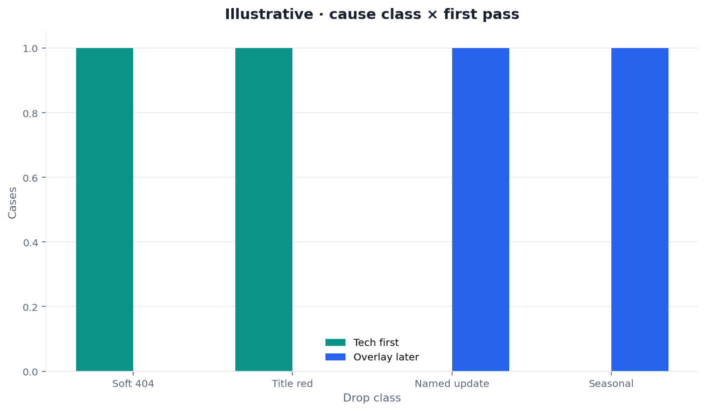 Illustrative two-dimension chart of tech or indexation failures versus overlay-allowed windows for a website traffic drop SEO desk sample