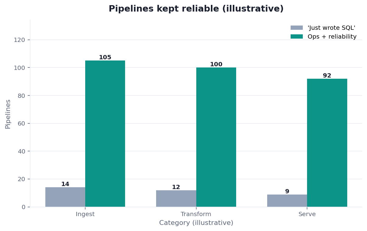 Bar chart: pipelines kept reliable — 'just SQL' misconception vs operational engineering (illustrative)