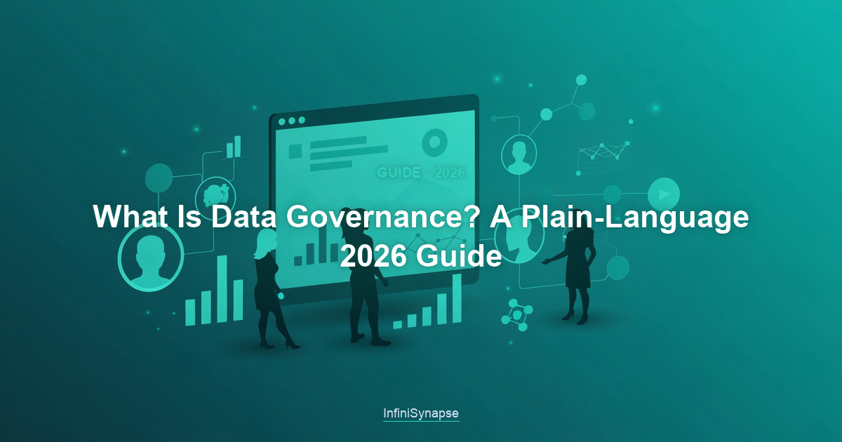 Plain-language diagram answering what is data governance: ownership, access, quality, and policy working together to make data trustworthy