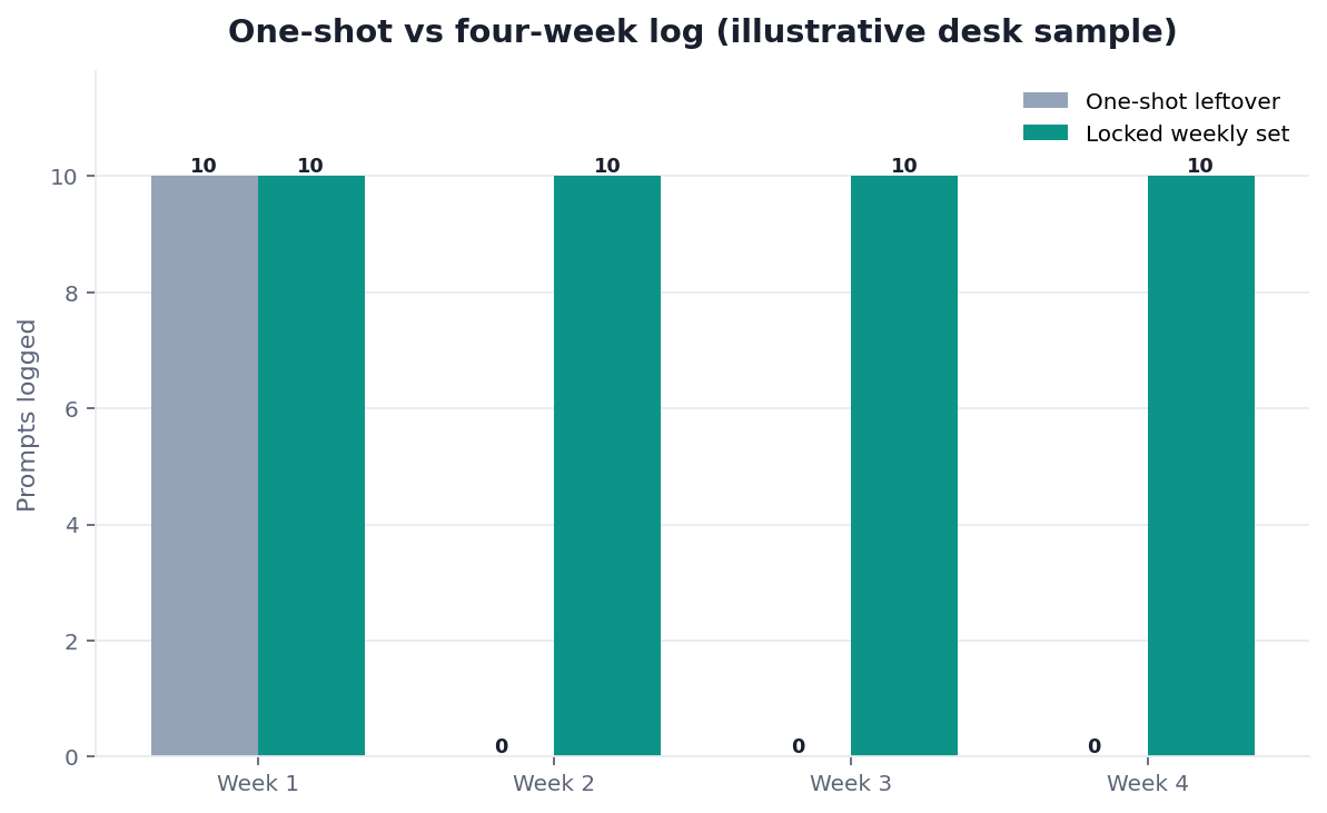 Illustrative grouped bar chart: one-shot check versus four-week log by mention and citation