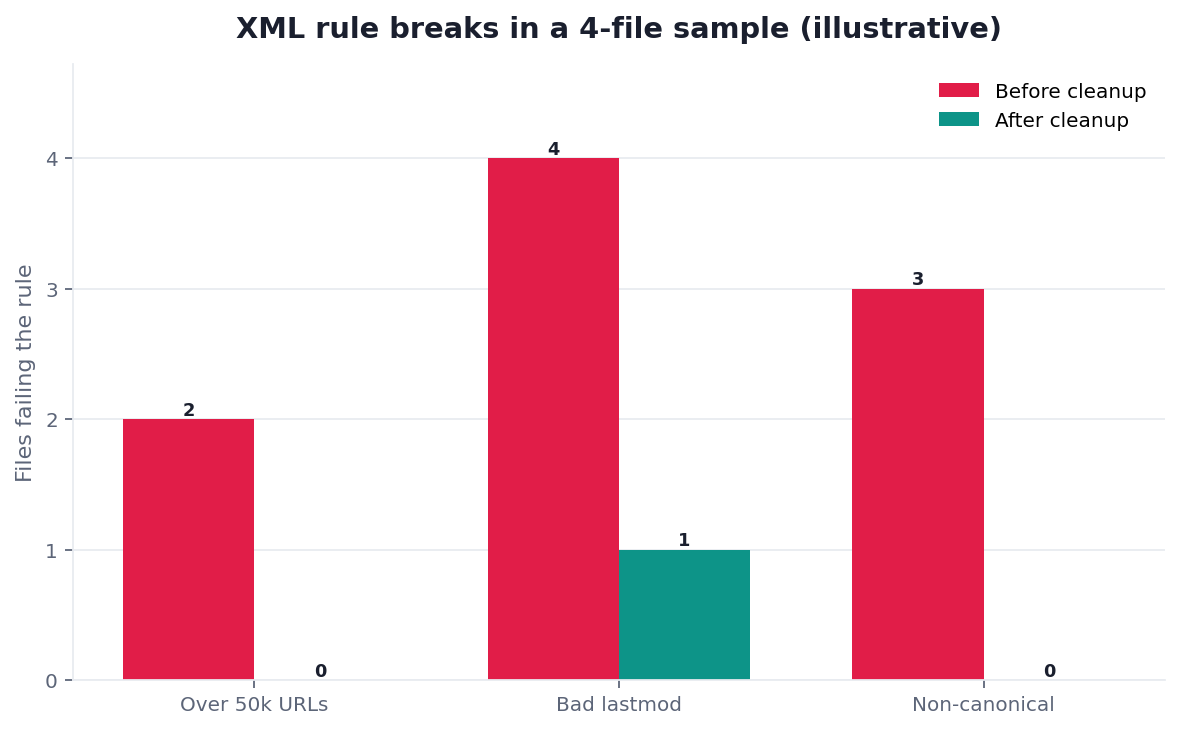 Illustrative grouped bar chart: XML sitemap rule breaks by file size versus lastmod honesty