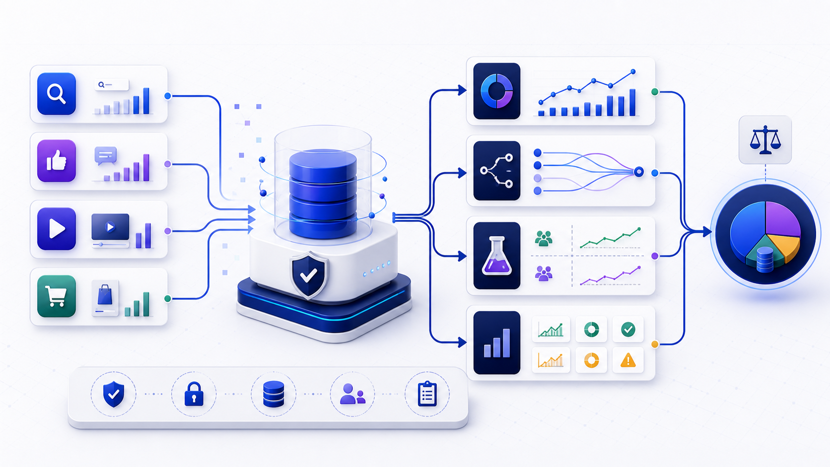 Advertising analytics workflow connecting paid search, social, video, display, and retail media data to governed reconciliation, attribution, experiments, and budget decisions