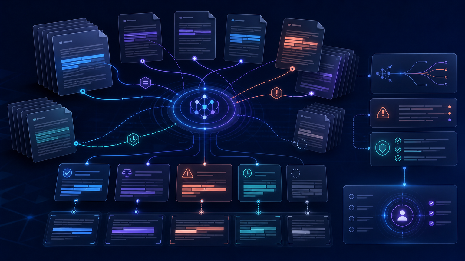 AI document analysis workspace showing preserved document layouts, questions and review rubrics, cross-document evidence paths, cited findings, conflicts, validation gates and a human review queue